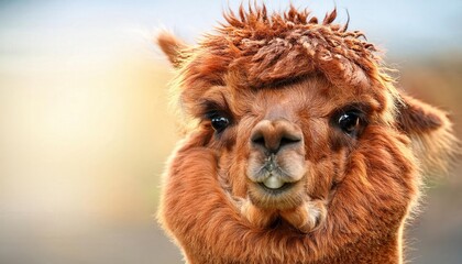 A fluffy brown alpaca displays a delightful goofy head tilt, exuding joy and charm, surrounded by a serene outdoor setting that enhances its soothing presence