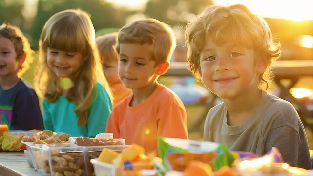 Multiple images capture a group of smiling children gathered around a picnic table, enjoying various snacks in the warm glow of the setting sun