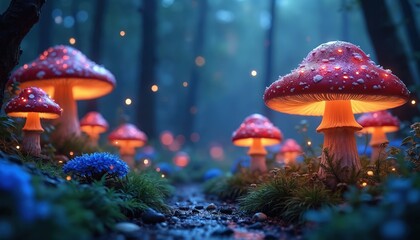 Fototapeta premium Magical night forest path. Glowing mushrooms illuminate enchanted forest. Fireflies sparkle. Blue flowers add charm. Dreamy fantasy scene. Perfect for fairytale book cover fantasy game assets.
