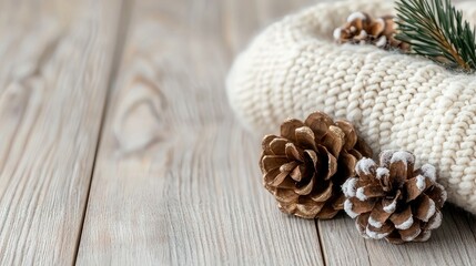 Cozy winter sweater with pine cones on wood