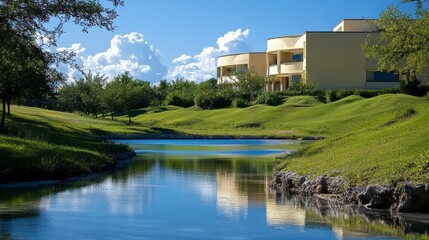 Obraz premium Serene Pond Reflecting Light Yellow Building