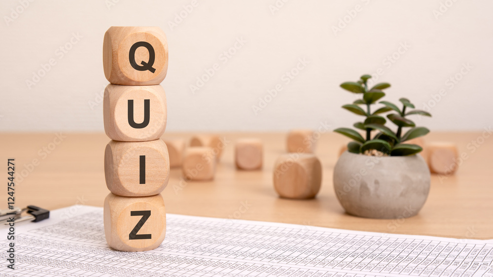 Poster a stylish representation of the quiz framework using wooden blocks and a serene indoor plant for an 