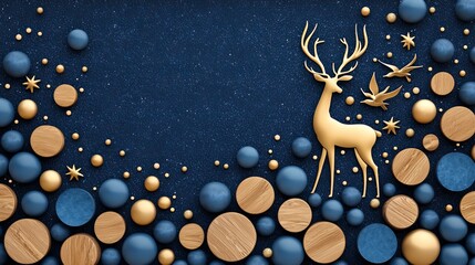 Naklejka premium Luxurious 3D landscape wall frame with a dark blue backdrop, golden deer, soaring birds, intricate trees, and colorful wood circles in elegant harmony