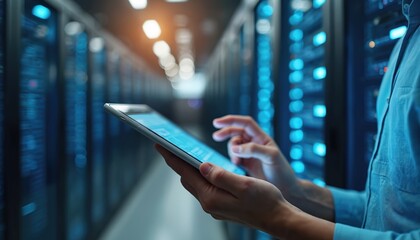 Person uses tablet to monitor server rack. Tech pro analyzes server data. Server room blue lights. Focused work environment. Digital tech tools. Modern data center. Person conducts analysis. Hands on
