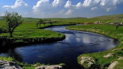 Serene River Winding Through Lush Meadow
