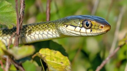 Naklejka premium Hidden in the dense greenery, a snake with a green hue peers out, its eyes glowing ominously as it moves to capture its prey