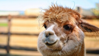 Fototapeta premium In a serene setting, a fluffy alpaca smiles cutely with its head tilted, bringing a sense of joy and tranquility. This lovable creature adds charm to the pastoral landscape, inviting smiles