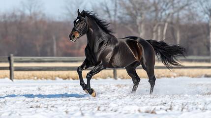 Fototapeta premium Beautiful black horse running or galloping in the snow outdoors during cold winter weather season.