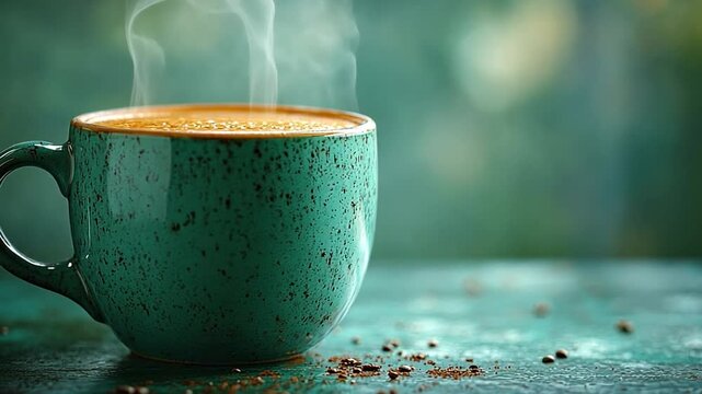 Warm Coffee Cup: Close-up of a vibrant mug filled with hot coffee, steam rising gently, and blurred green backdrop creating a soothing atmosphere