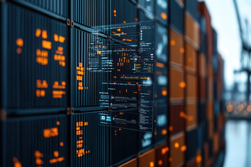 Floating holographic data screens displaying maritime information over shipping containers, showcasing advanced technology in logistics and transportation