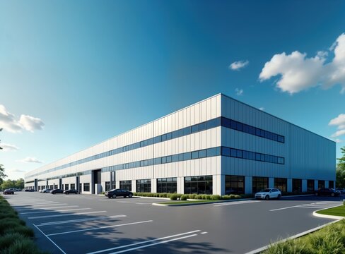 Modern industrial building stands in parking lot under clear sky. Large facility with many windows, flat roof. Cars parked outside facility. Looks like innovative, professional workplace. Modern