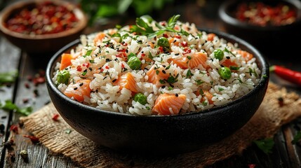 A bowl of rice mixed with salmon and peas, garnished with herbs and spices.