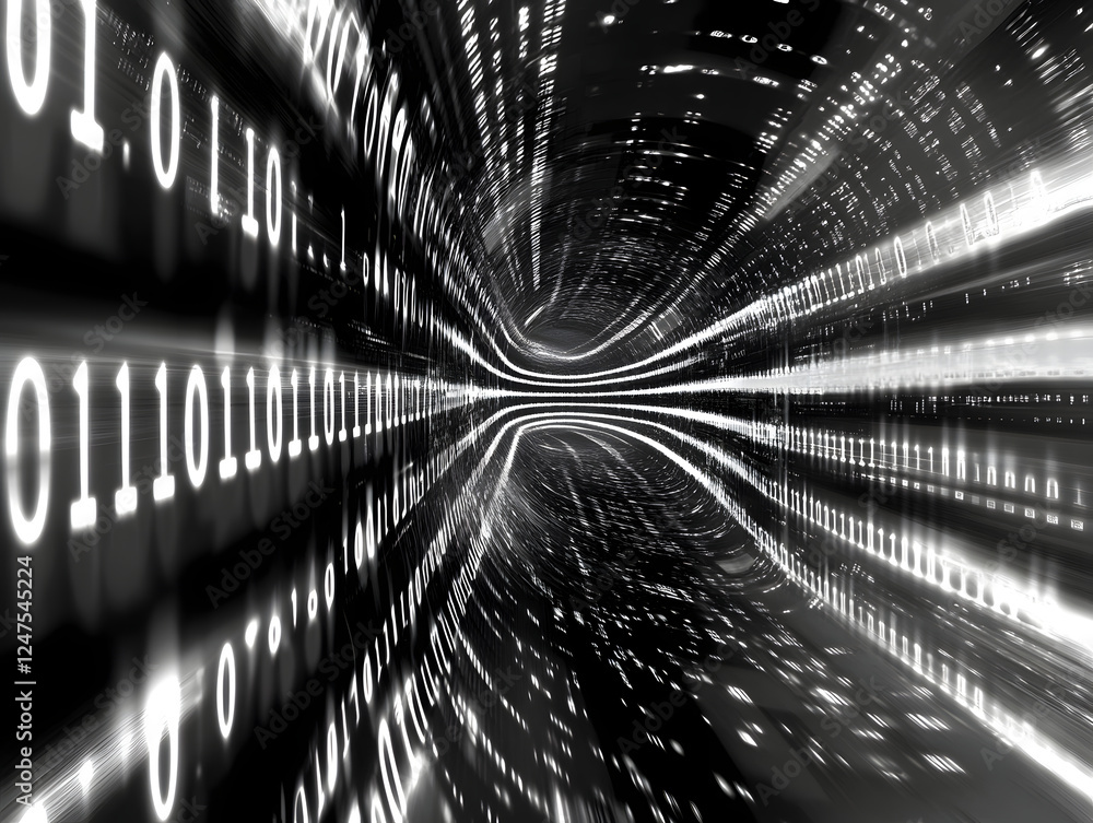 Poster digital data stream in monochrome representing technology and innovation
