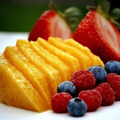 Sliced Mango Strawberries Blueberries and Raspberries on Plate