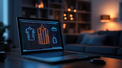 Futuristic e commerce interface displaying clothing designs on laptop screen in cozy room. immersive technology showcases innovative shopping experiences