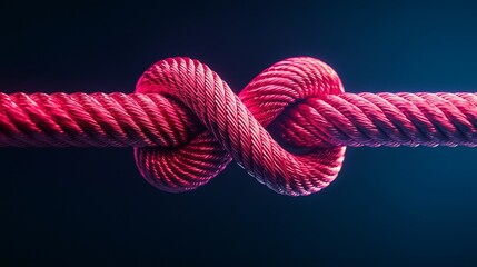 Macro shot of a thick pink knot binding two vivid rope ends, symbolizing unity amidst contrast, against a dark gradient background, strength concept