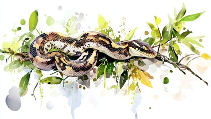 Naklejka premium A baby python snake, an intriguing reptile, captured in a watercolour painting on a pristine white canvas