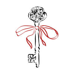 Coquette key with ribbon bow of hand drawn line art style. Simple crayon and sketch symbol for Valentine day and invitations templates. Doodle vector illustration