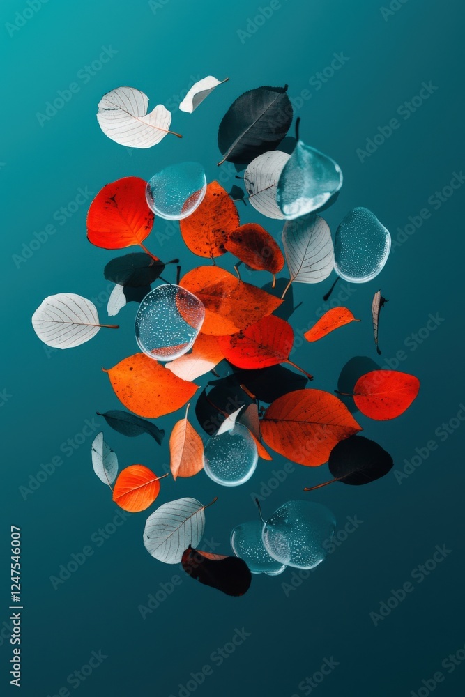 Poster a surreal design of floating leaves creating abstract shapes.