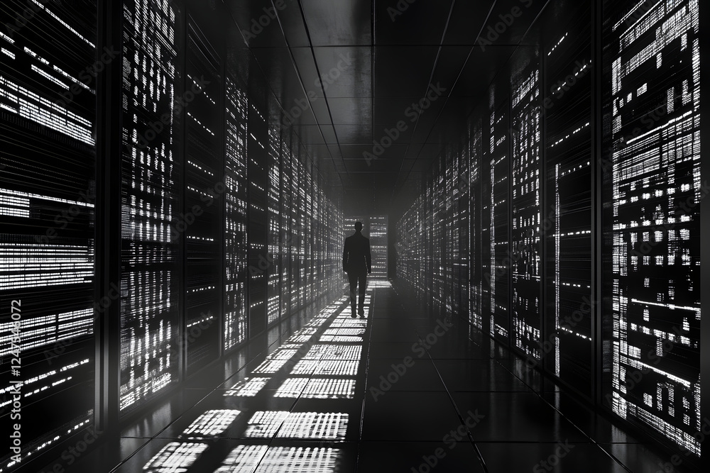 Aufkleber a mysterious figure walking through a high-tech data center with illuminated walls