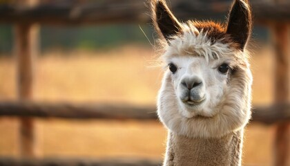 Obraz premium A fluffy alpaca stands in a sunlit farm environment, its charming quizzical expression captivating any onlooker. This delightful creature embodies the tranquility of rural life and the joy of nature