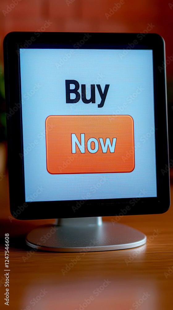 Aufkleber growth concept of e-commerce marketplace. modern computer monitor displaying buy now button for onli