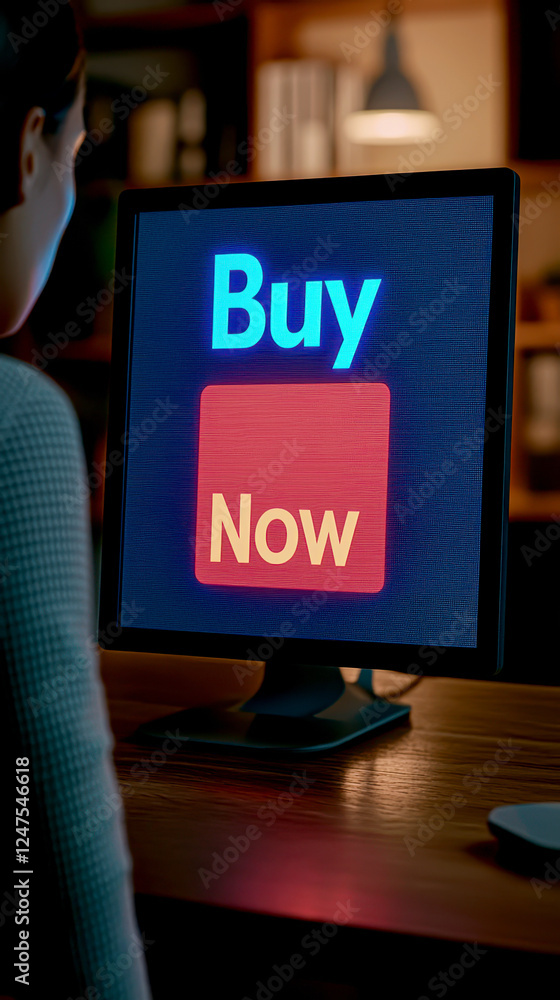 Poster growth concept of e-commerce marketplace. person viewing computer screen with buy now button in a co