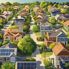 Aerial view of a residential neighborhood with numerous houses equipped with solar panels, showcasing sustainable living and renewable energy.
