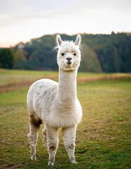 Obraz premium A delightful shorn alpaca flaunts its fluffy head while standing in a vibrant pasture, basking in the warm golden light of the late afternoon. Its charming presence brings joy and serenity