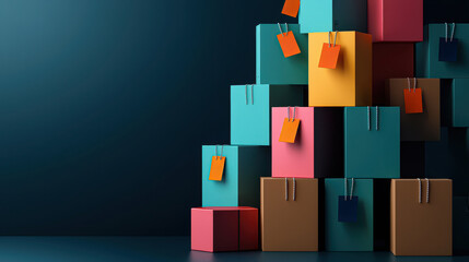 Growth concept of e-commerce marketplace. Colorful Gift Boxes Stacked on Dark Background with Bright Tags Attached