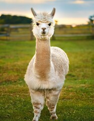 Obraz premium In a vibrant pasture, a charming alpaca stands tall with a fluffy head and warm demeanor, radiating joy and inviting smiles during a serene afternoon