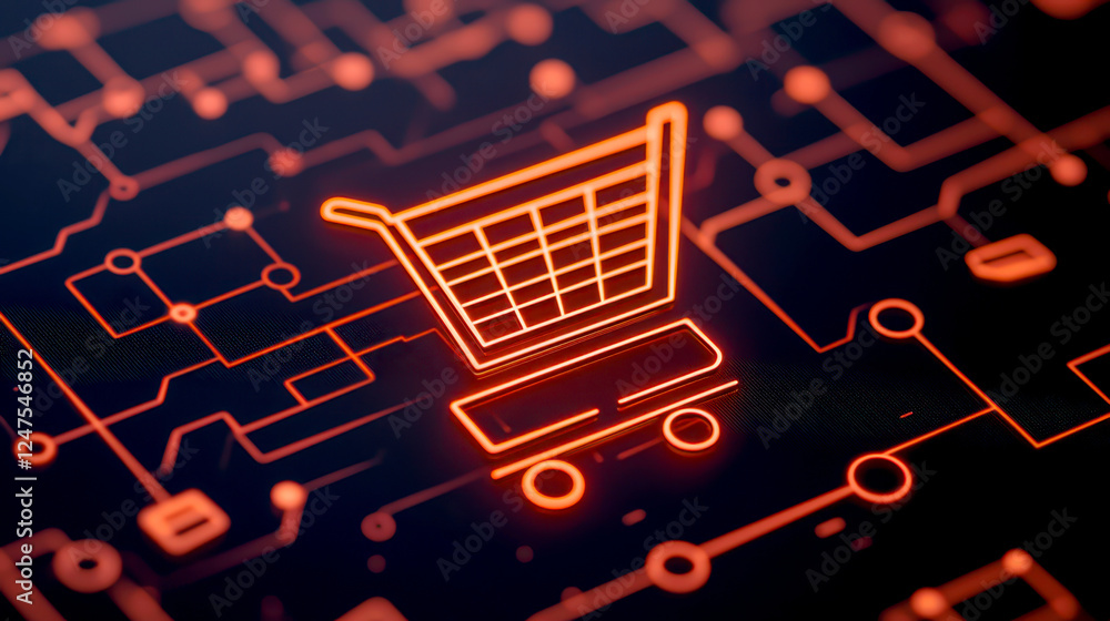 Poster growth concept of e-commerce marketplace. digital shopping cart icon over circuit pattern with glowi