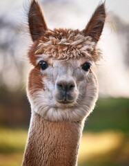 Fototapeta premium In a peaceful outdoor environment, a fluffy alpaca curiously stares into the camera, showcasing its adorable features and unique fur texture. This scene captures the whimsy of nature