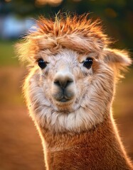 Fototapeta premium A fluffy alpaca stares directly into the camera, its whimsical fur radiating warmth and charm. The soft colors and natural background enhance the soothing atmosphere of this delightful creature
