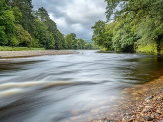 Serene Flow: A Tranquil River Scene in the Lush Green Countryside