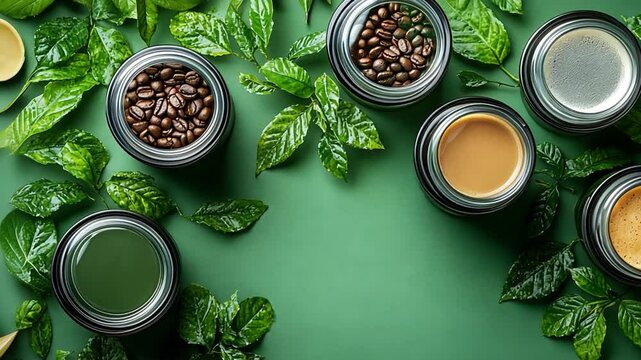 Coffee Bean Selection: A vibrant assortment of coffee beans, meticulously curated in various containers, is artfully arranged amidst a lush bed of green leaves on a rich, verdant surface.
