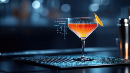 futuristic cocktail in high tech lounge, featuring vibrant colors and digital elements. drink is garnished with orange slice, creating visually stunning experience