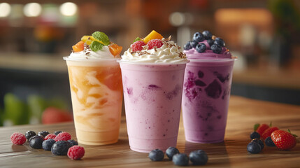 Set of colorful healthy and sweet blended fruit milkshakes placed on a wooden table as a refreshing desert drink in the cafe in summer. cups with frozen fruits as decoration for creamy tasty smoothie.