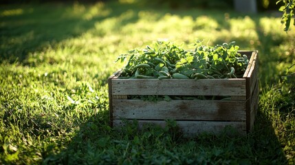 Harvested green beans in a rugged wooden box on a sun-dappled lawn, a light breeze evident from the swaying grass