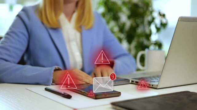Young millennial woman in an office receiving phishing messages on her phone. Cyber security threat concept