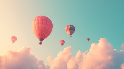 Fototapeta premium Hot air balloons soar above pastel clouds at sunrise, idyllic travel scene