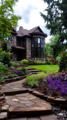 Stone Pathway To Multi Level Stone House with Garden