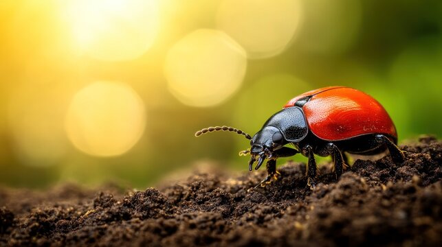 Red beetle crawling on soil, sunset bokeh background, nature photography, ecological use