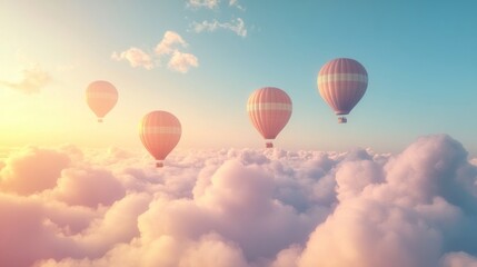 Fototapeta premium Hot air balloons soar above sunset cloudscape; travel, freedom concept