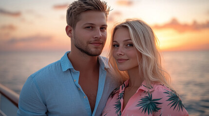 Obraz premium Rearview photography of a young couple on the cruise ship or the yacht on the sea or ocean water during the sunset. man wearing a light blue shirt, woman with blonde hair wearing a tropical pink shirt
