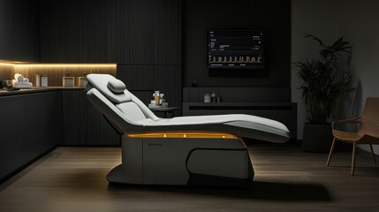 Modern spa treatment bed, illuminated, dark room, wellness clinic