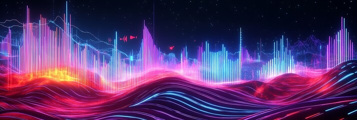 Obraz premium Abstract neon audio bars and glowing line background