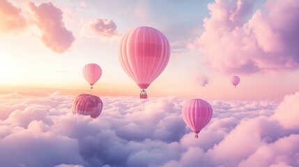 Fototapeta premium Pink hot air balloons soar above dreamy cloudscape at sunrise; travel, fantasy (1)