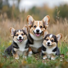 Happy Corgi Family Autumn Field Portrait