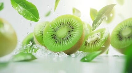 Fresh kiwi slices splashing in water, leaves airborne, bright background, food advertising